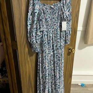 Blue Maxi Sundress with Off the Shoulder Neckline and Long Bishop Sleeves
